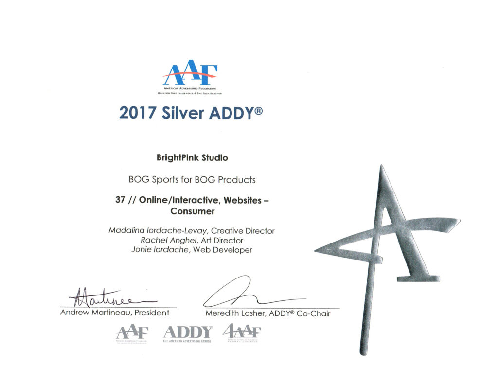 Silver Addy Award for Bog Products certificate