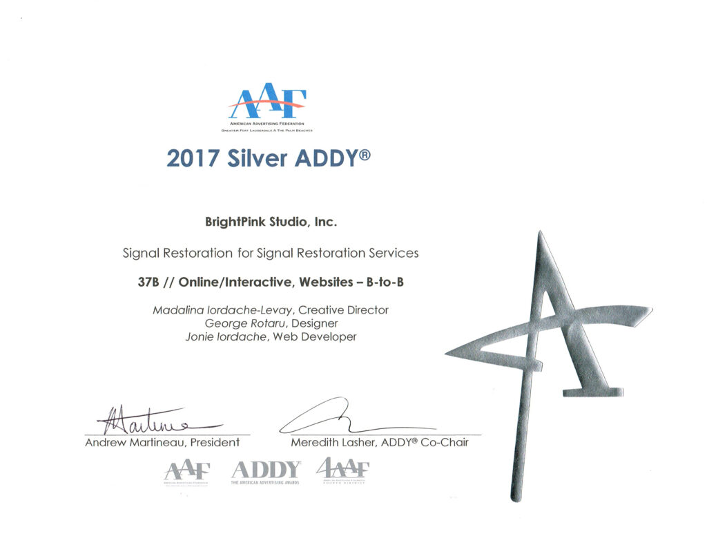 Silver Addy Award certificate for Signal