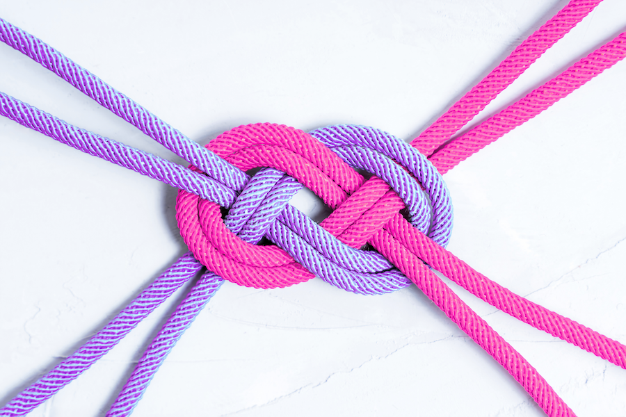 Purple and pink string knotted together to create a strong and beautiful knot symbolizing purpose-driven marketing.