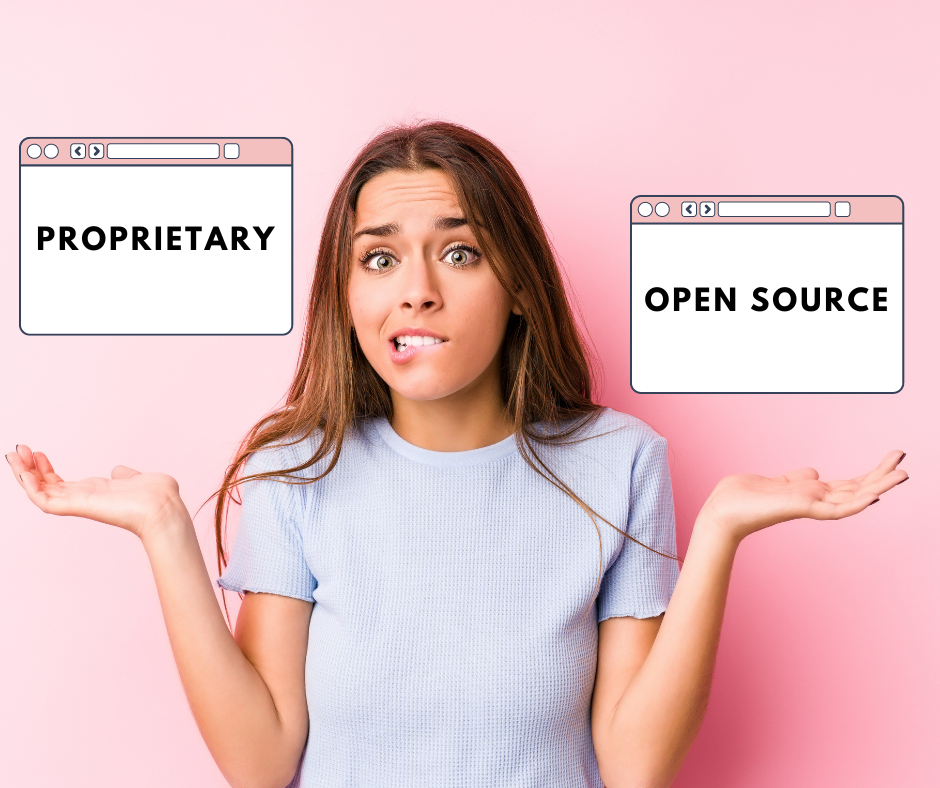 Lady deciding between open source and proprietary CMS platforms.