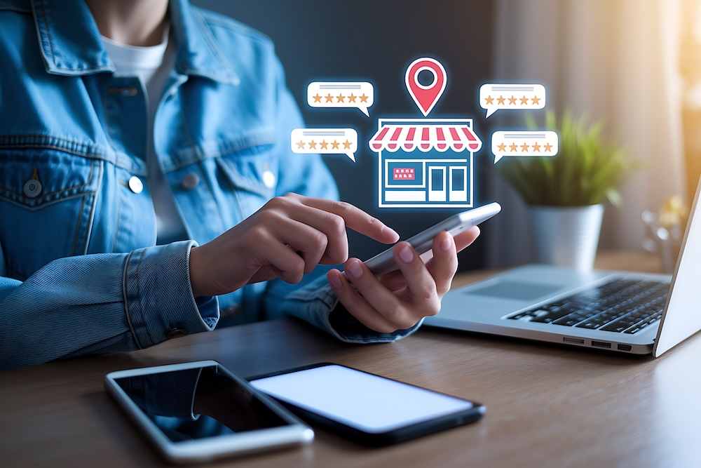 person leaving online reviews on a local location on a mobile phone which will increase their local SEO strategy