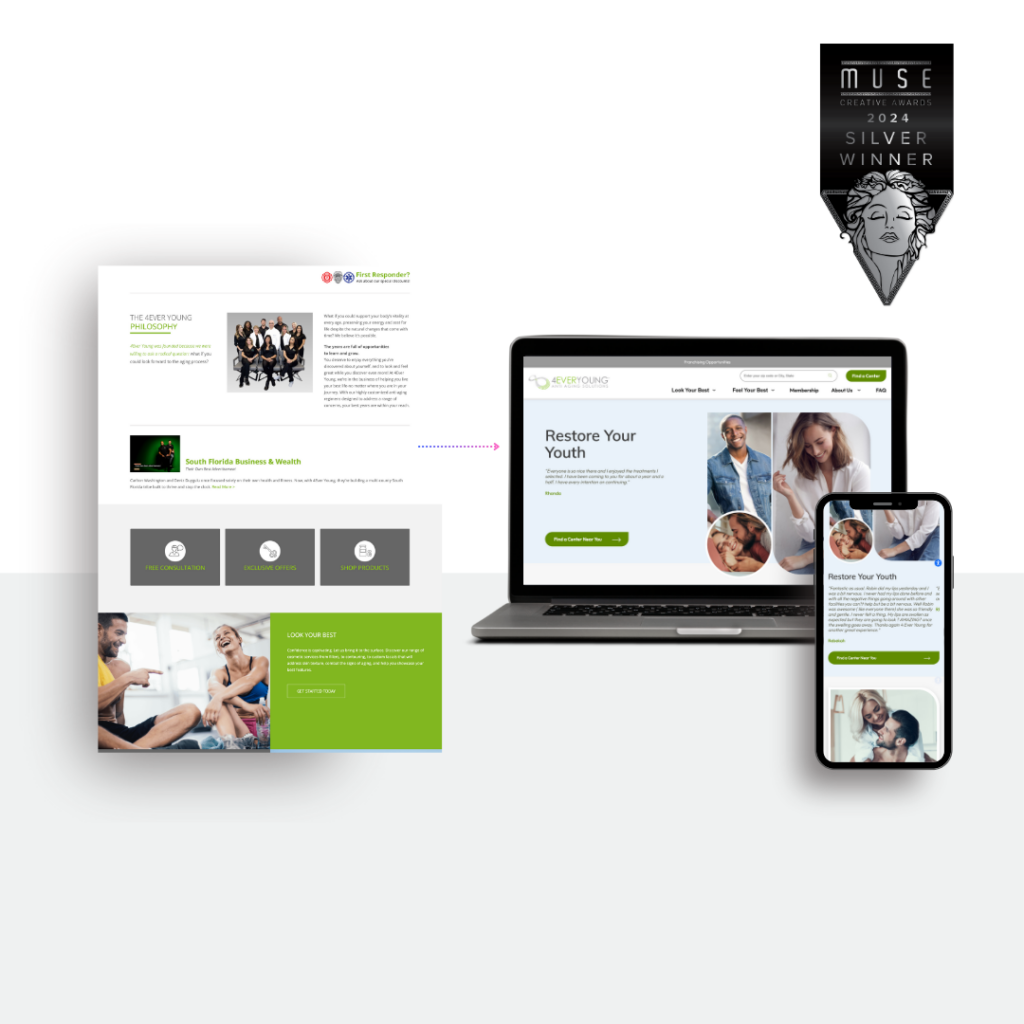 Before and after shot of 4Ever Young Website images after redesign. Badge for MUSE Creative Silver Award