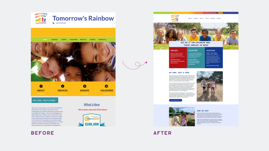 Before and after images of the Homepage for Tomorrow's Rainbow