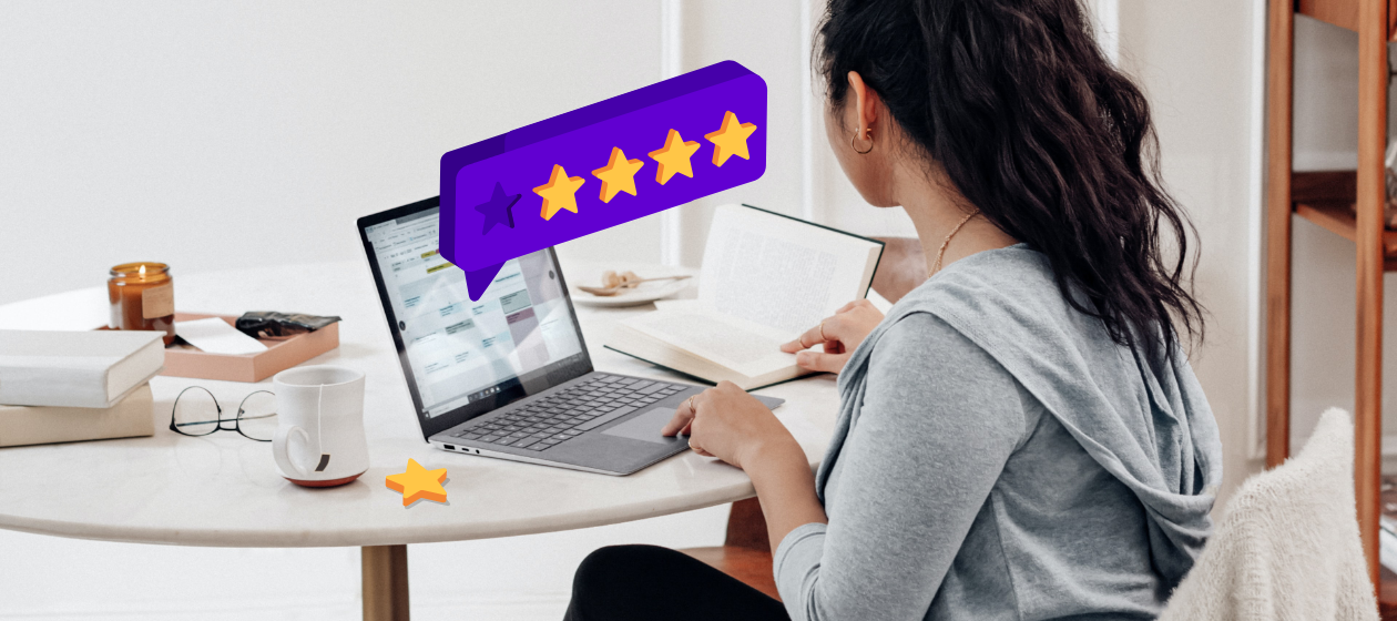 Lady sharing a review on the computer because online reviews and SEO work together