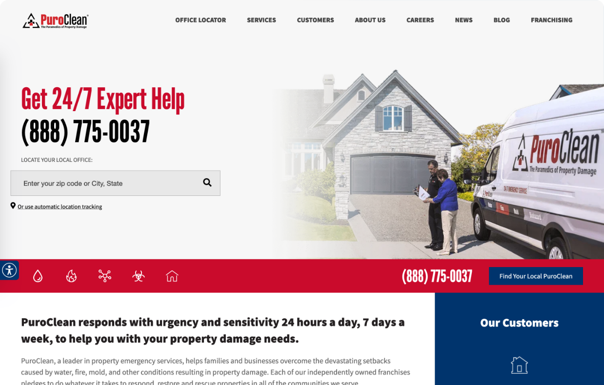 PuroClean Franchise Website Homepage screenshot