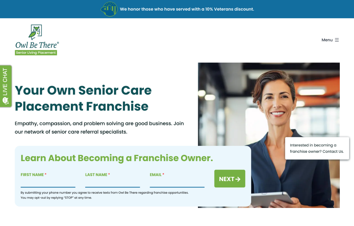 Owl Be There Franchise Development website homepage screenshot