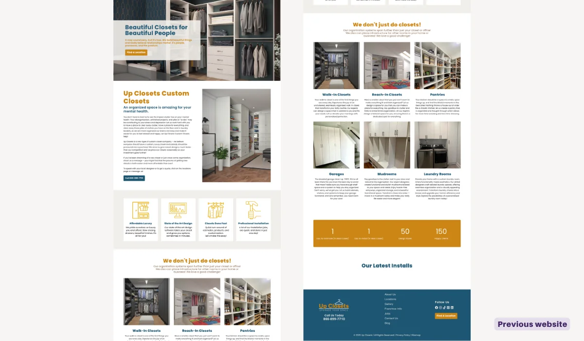 Screenshots of the UpClosets website before their conversion-focused franchise website redesign with Bright Pink Agency